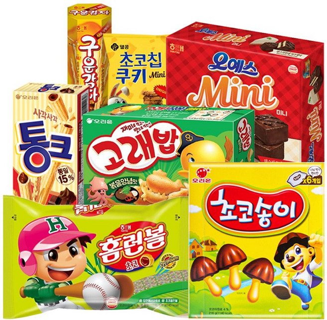 [냠냠상회] 홈런볼 128g+고래밥 160g+초코송이 216g+오예스미니 192g+미니초코칩쿠키 40g+통크 45g+구운감자 27g 과자 간식 세트, 1세트, 7p
