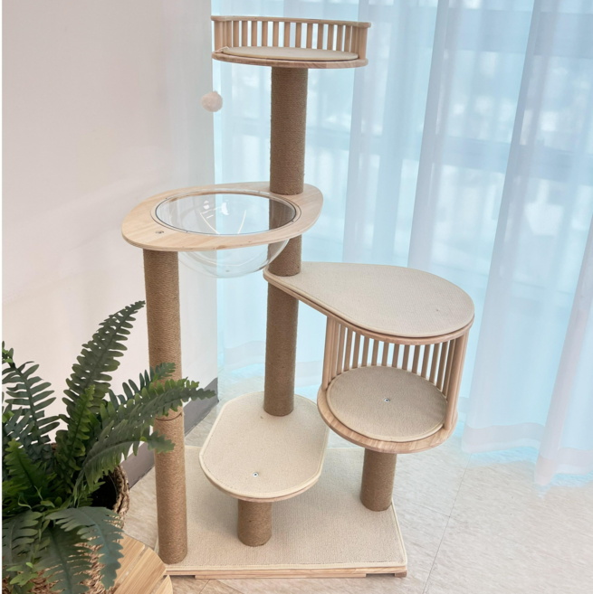 부비앙 원목 고양이 캣타워 숨숨집 캣폴 스크래쳐, 아이보리, 1개