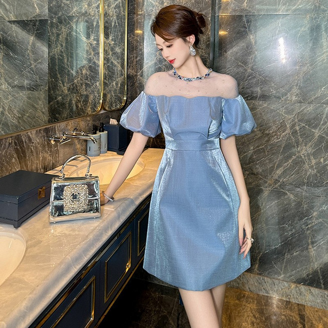 【重工鑲鑽】連衣裙 生日裙 禮服裙 晚宴裙 派對裙 泡泡袖 A字裙 收腰顯瘦 夏季新款 2026流行 氣質名媛, 藍色