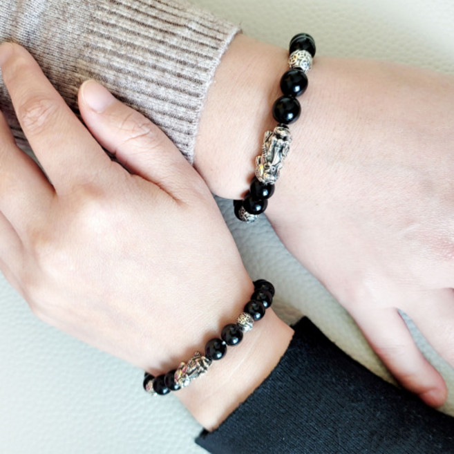 이루다 특가!!! 흑요석 비휴 은팔찌 + 파우치 재물운 성공운 염주 액막이, 1개, 호안석, 호안석