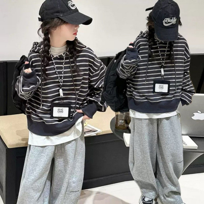 투나이언 주니어 스트라이프 후드티+와이드 팬츠 상하복세트 초등학생 트레이닝 운동복 투피스세트