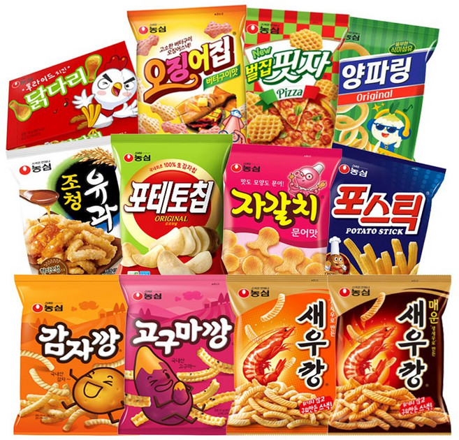 [블루존] 농심과자 베스트 12종 과자세트 (새우깡+매운새우깡+감자깡+고구마깡+포테토칩+포스틱+조청유과+자갈치+오징어집+양파링+벌집핏자+닭다리후라이드치킨), 1세트