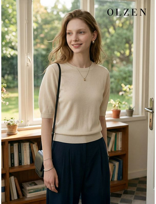 올젠 여성 데일리 라운드 반팔 니트 ZLC2ER2303