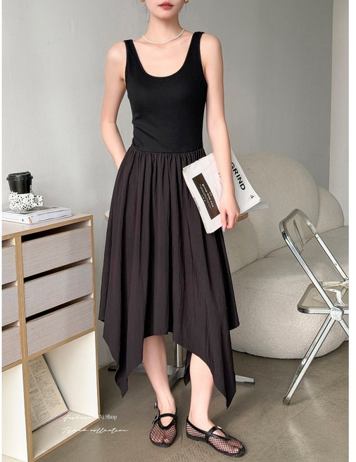 BraTop 不規則背心裙 洋裝 免穿內衣 收腰 低領 顯瘦 長洋裝, 黑(02)