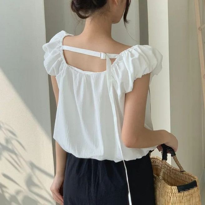 스퀘어넥 퍼프소매 베이비돌 블라우스 여름용 여성 셔츠 탑 캐주얼 스타일