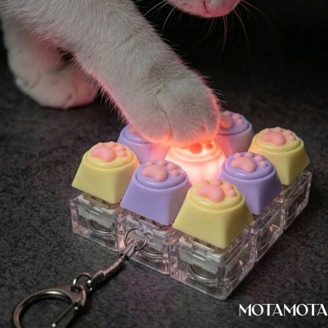 모타모타 4구 9구 고양이 키캡키링 led 키보드 클리커 클릭커 열쇠고리 제작 딸깍이 (추가 코인 건전지 무료 증정), 노랑,보라 9구, 1개