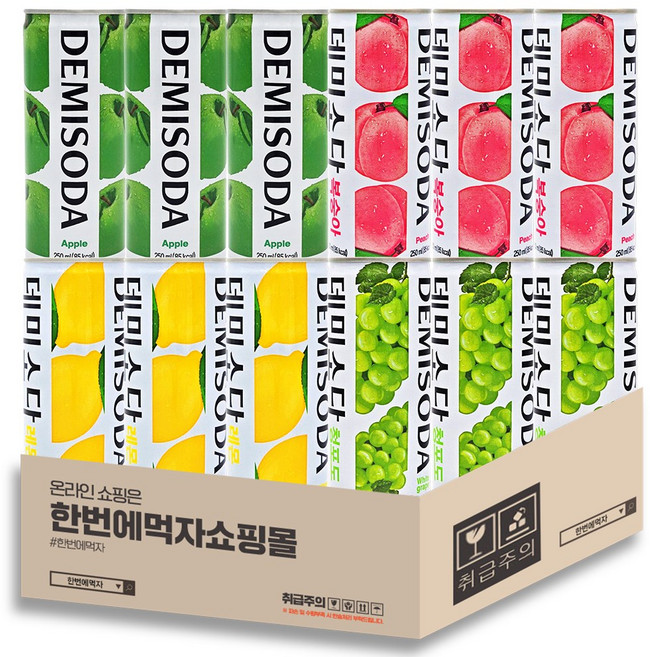 [한번에먹자] 데미소다 캔 4종 혼합세트 / 애플 + 복숭아 + 레몬 + 청포도, 12개, 250ml