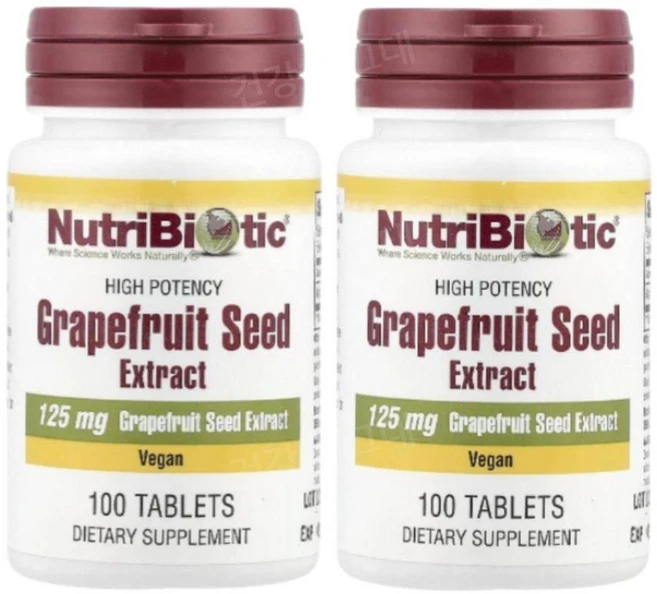 NutriBiotic 건강보조식품 자몽씨추출물 125mg 비건식품 글루텐프리 비GMO＆무균환경제조 100정 2통, 2개 - 쿠팡