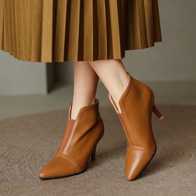 여자 숏 앵클 가보시 부츠 구두 굽높은 가죽 레더 신발 중년 엄마 220 225 8cm