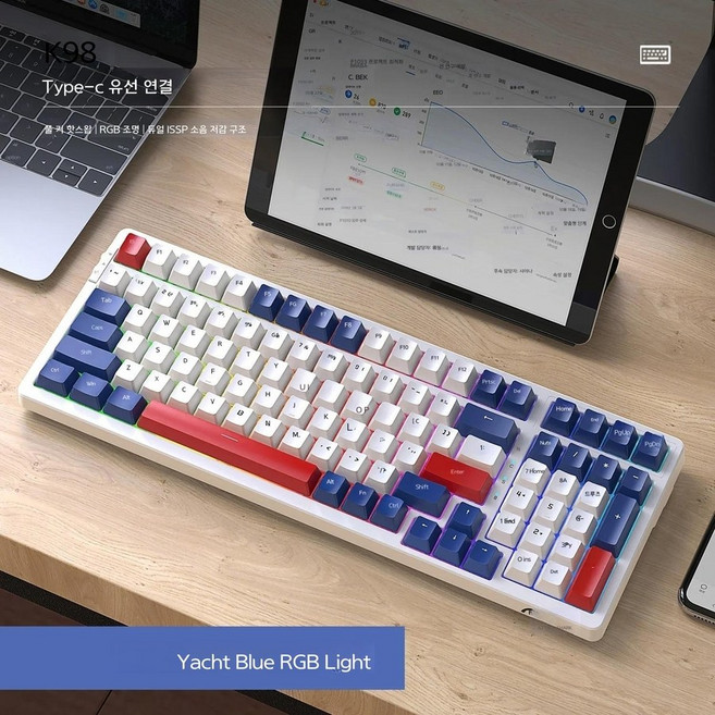 Attack Shark K98 유선 기계식 키보드, 노란색 스위치, B.요트 블루 유선