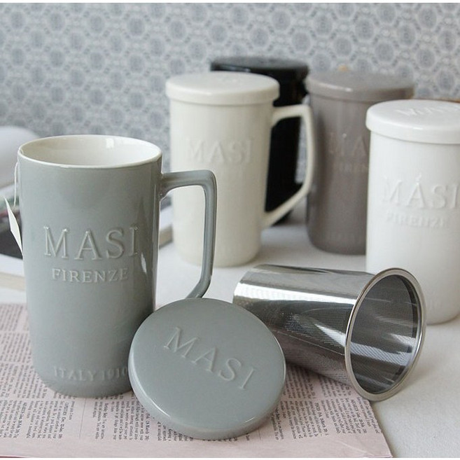 모던 뚜껑 롱 머그컵 대형 티망 포함 컬러 도자기 머그잔 카페 녹차 홍차 500ml, 화이트, 1개