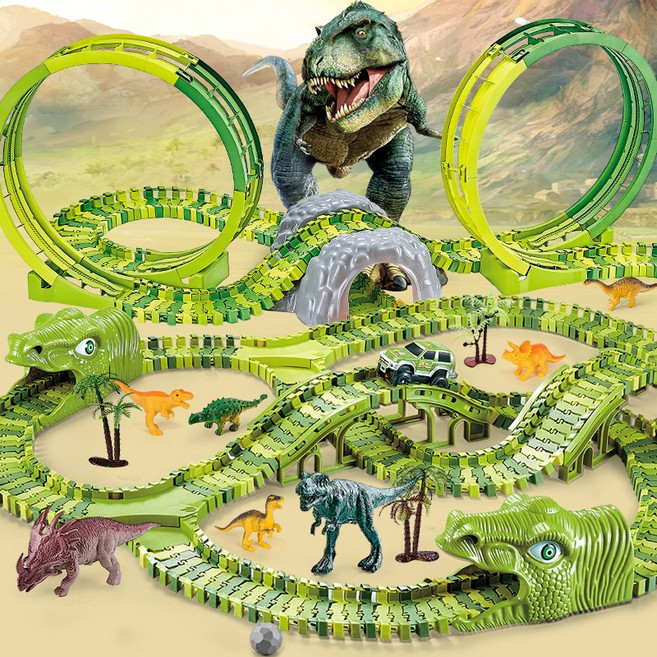 공룡 월드 자동차 트랙 세트 유아 교구 창의력 발달 궤도 기차 놀이, 1개, 녹색