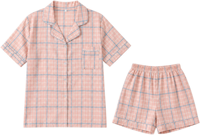 Helena 女生格子睡衣 開衫短袖兩件式家居服 短褲睡衣套裝