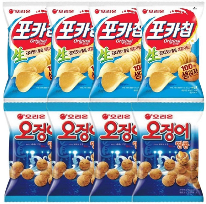 오리온 포카칩 오리지널 66g + 오리온 오징어땅콩 98g, 1세트, 포카칩 오리지널  x 4개 + 오징어땅콩 x 4개