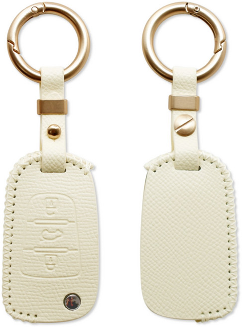 트니르 기아 현대 호환 3버튼 폴딩키 가죽 차 키케이스 교체 아반떼md 모닝 레이 쏘울 스포티지R 쏘렌토 봉고 YF쏘나타 I30 K5 K7 포르테 그랜저TG 천연소가죽+키링, 아이보리