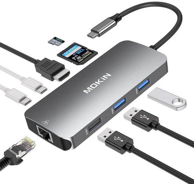 맥북 프로/에어용 맥 동글 USB 포트 3개 USB C to HDMI USB C to RJ45 이더넷 MOKiN 9 in 1 USB C to HDMI 어댑터 100W, 9 in 1 USB C Hub - Space Gray