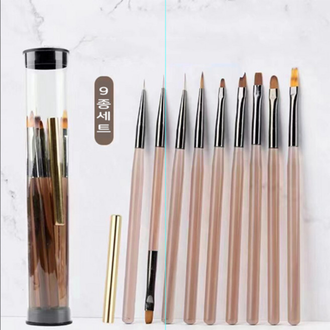 애니데코 네일 아트 네일 붓 아트 브러쉬 전문가 학원 세트 보관용 원통포함, 1세트, 브러쉬 9종