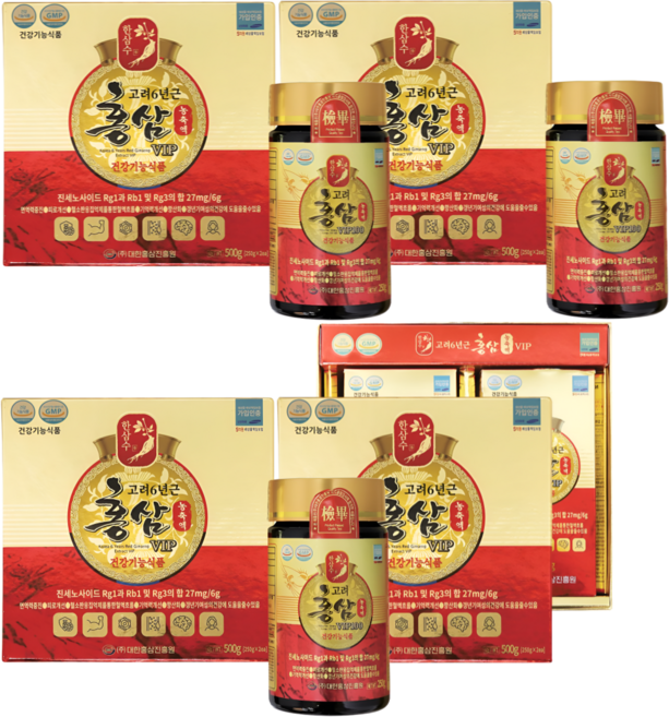 HnF 한삼수 고려6년근 홍삼농축액 VIP 오직홍삼만100% 진세노사이드27mg 고함량 고급선물용 식약처인증 GMP, 500g, 4개