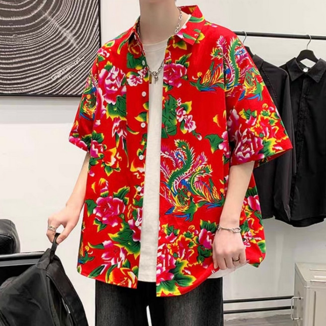 東北大花短袖襯衫男 民族風情侶款 國潮風 二人轉演出服