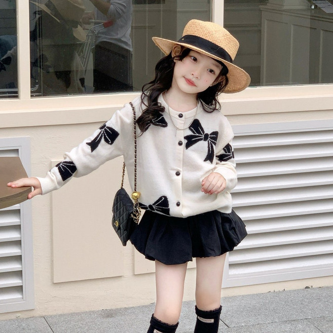 키즈 여아용 리본 니트 가디건 치마세트 아동 투피스