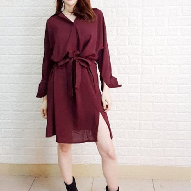 扉娜VINASHOP 韓國空運 赫本風顯瘦綁帶開叉連身裙洋裝【現貨】, 黑