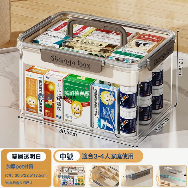DIU 醫藥箱家庭裝大號家用大容量多層密封急救藥品醫療箱小藥物收納盒, 1個, 【中號-雙層透明白】特厚升級:如圖