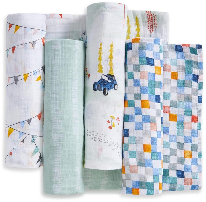 Aden + anais Essentials 면 모슬린 포대기 통기성 있는 아기 담요 남아 여아 신생아 및 에게 이상적 속싸개 부드럽고 가벼운 랩 4팩 알파벳 동, 빈티지 자동차 랠리
