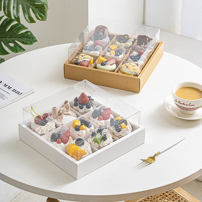 상세리떼 투명 커버 칸막이 쿠키 머핀 꽃 선물 포장 케이스 상자, 9구 크라프트, 1개