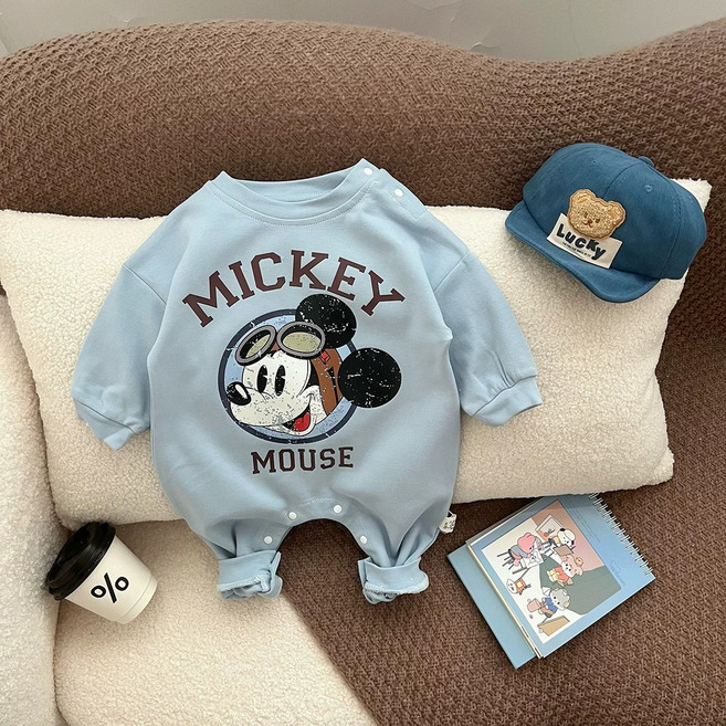 깜찍한 남아 애기 봄 가을 맨투맨 긴팔 티 미키마우스 바디슈트 외출복 모자 우주복 롬퍼 등원룩 50일 6개월 백일 돌 아기옷