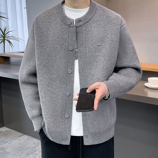 꽃소담 남성 봄가을 패션 라운드넥 니트가디건 루즈핏 긴팔 니트 아우터 MQ26A348