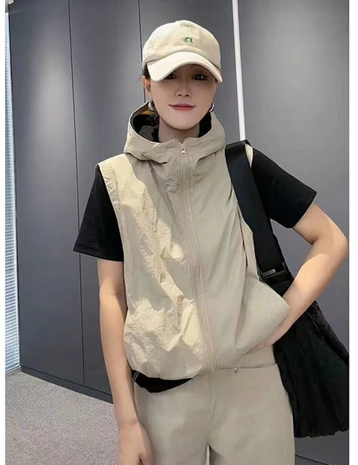 YLEMI 1/1+1 여성 루즈핏 민소매 조끼 후드집업 바람막이 후드지퍼 베스트