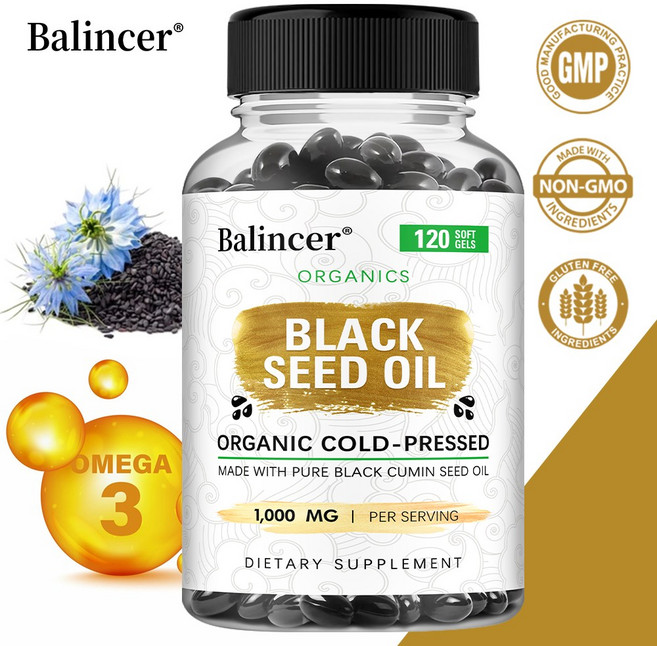 유기농 냉압착 블랙씨 오일 1000mg - 면역력 강화 모발 성장 촉진 영양 항산화제 Non-GMO 보충제, 1개, 120회분