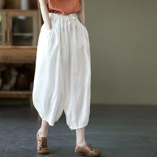 Makone 여성 린넨 9부 팬츠 솔리드 빈티지 배기바지 블루머 루즈핏 팬츠