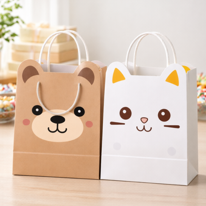 에코모스티 어린이 선물 포장봉투 종이가방, 10개, 곰돌이+고양이