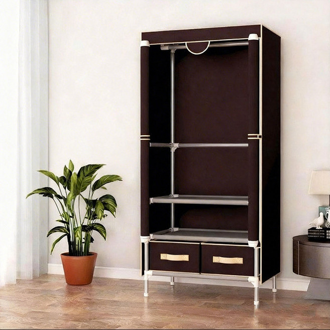 磁吸式防塵布衣櫃 落地掛衣架 學生宿舍收納衣櫥, 深咖色75*45*170 配2屜, 深咖色
