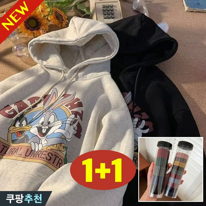 95kg까지 1+1 남녀공용 캐릭터 프린트 오버핏 후드티 티셔츠 여성 남자 기모 귀여운 토끼 커플 학생복 ins 루즈핏 베이직 큰옷 여성의류 3xl 캐주얼 여자 후드 맨투맨 긴팔티