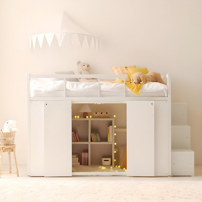 탱크 철제 벙커침대 수납형 화이트 SS 수납계단형, 화이트SS_화이트수납계단_GMB010WX