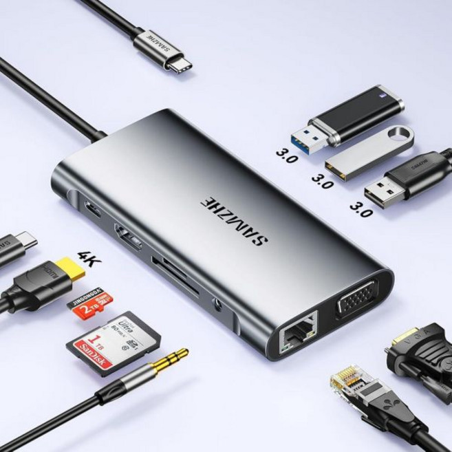 SAMZHE USB C 도킹 스테이션 10-in-1 USB-C 허브 듀얼 4K HDMI 모니터 노트북 도크 다중 어댑터 4K+VGA+3 USB-A 3.0 포트+100W PD 충, SAMZHE USB C 도킹 스테이션 10-in-1 U