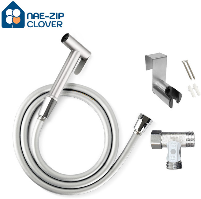 고정형스프레이건+물때방지샤워호스+변기걸이거치대+황동 T 밸브 세트, 고정형 실버, 2m