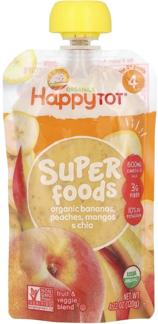 Happy Family Organics Happy Tot 슈퍼 푸드 단계 4 바나나 복숭아 망고 & 치아 120g(4.22oz), HappyFamilyOrganicsHappyTot슈퍼푸, 120g - 쿠팡