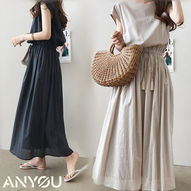 ANYOU 여성 허리 스트랩 린넨 원피스 루즈핏 링클 민소매 롱원피스