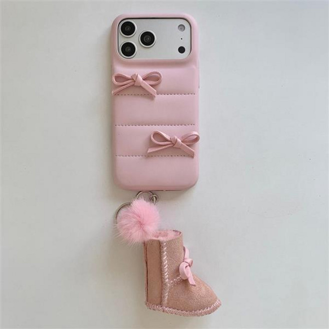 아이폰 17 16 15 14 프로 맥스 귀여운 리본 데코덴 겨울 커플 패딩 다운 재킷 키링 스트랩 가죽 핸드폰 케이스