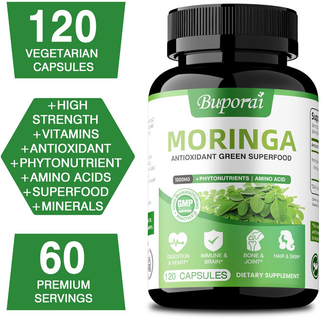 100% 순수 모링가 잎 분말 캡슐. 유기농 인증 모링가 잎. 필수 아미노산 항산화제 오메가를 함유한 천연 슈퍼푸드, 1개, 60정