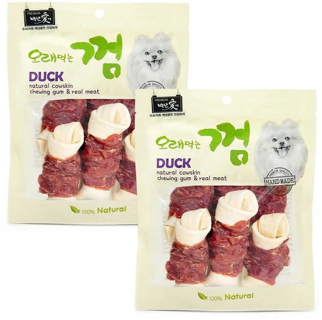 백년애 고기가 2배 이상 말린 오래먹는 강아지껌, 2개, 250g, 오리고기 중형 - 쿠팡
