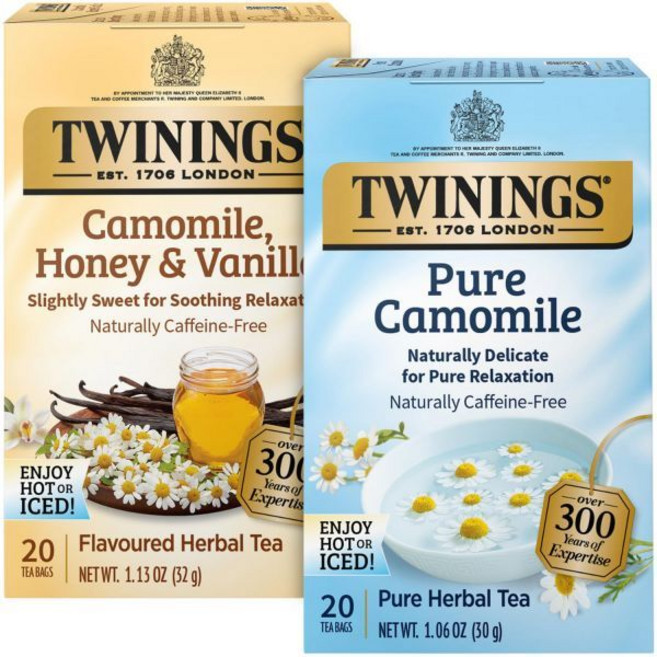 Twinings 트윈잉스 카모마일 차 버라이어티 2팩 - 허니 & 바닐라 + 퓨어 허브 티백 천연 무카페인 각 20캔 미국, Camomile/ Honey & Vanilla