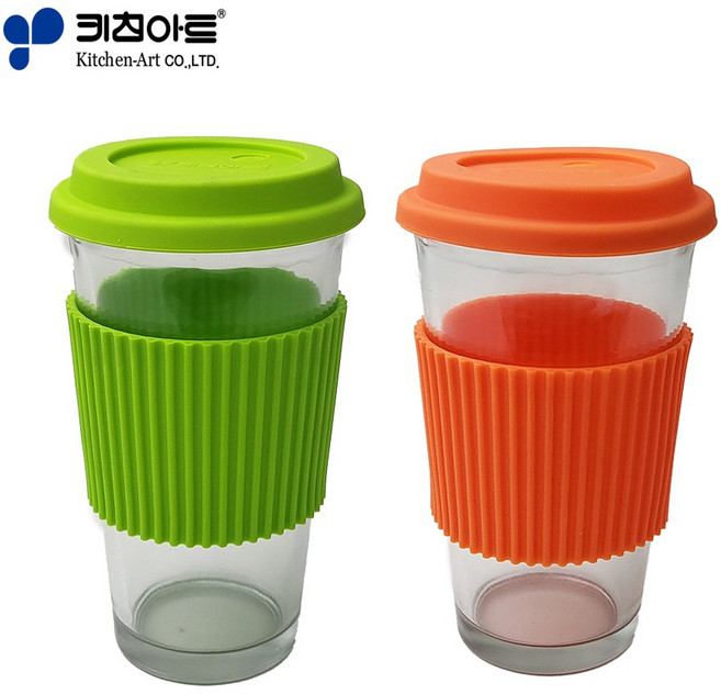 키친아트 글라스 에코텀블러 500ML 실리콘슬리브 장착 기획 초특가, 1세트, 오렌지+그린