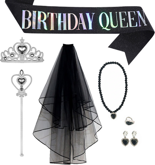 [청춘교복] 공주 생일 파티 용품 5종세트+베일+어깨띠 브라이덜샤워 셀프웨딩 축하 연말 선물 소품 프린세스 코스튬 주얼리 왕관 요술봉 면사포 목걸이 액세사리, 1개, 블랙-벌스데이퀸