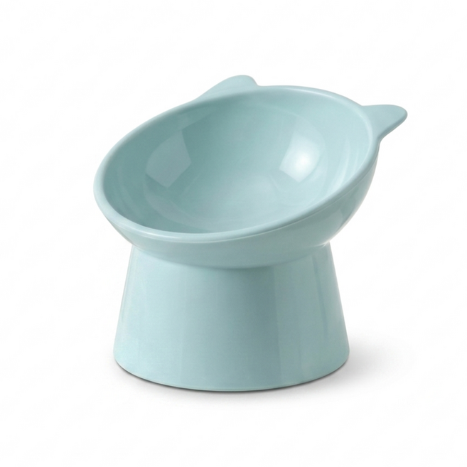 EIRAFUR 伊羅琺 貓耳造型高腳貓碗 傾斜護頸 寬口不壓鬚, 藍色, 1個