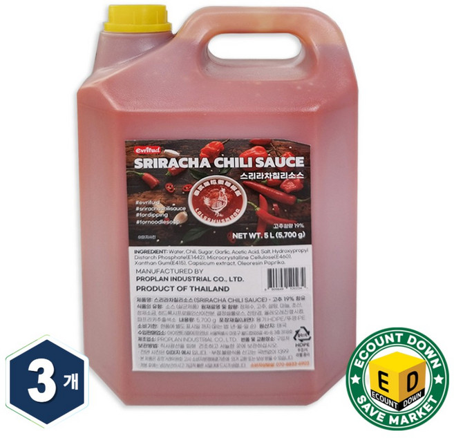 에브리푸드 스리라차 칠리소스 쓰리라차, 3개, 5L