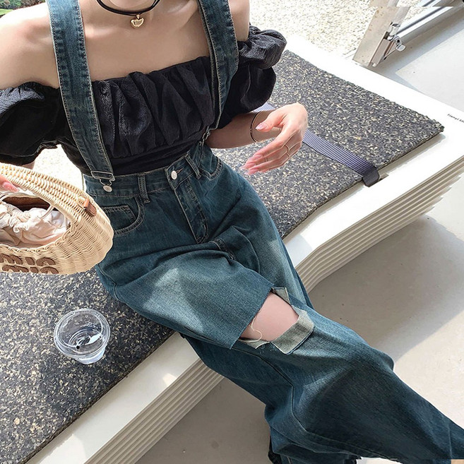 대박난박양 서스펜더 데님 와이드 팬츠